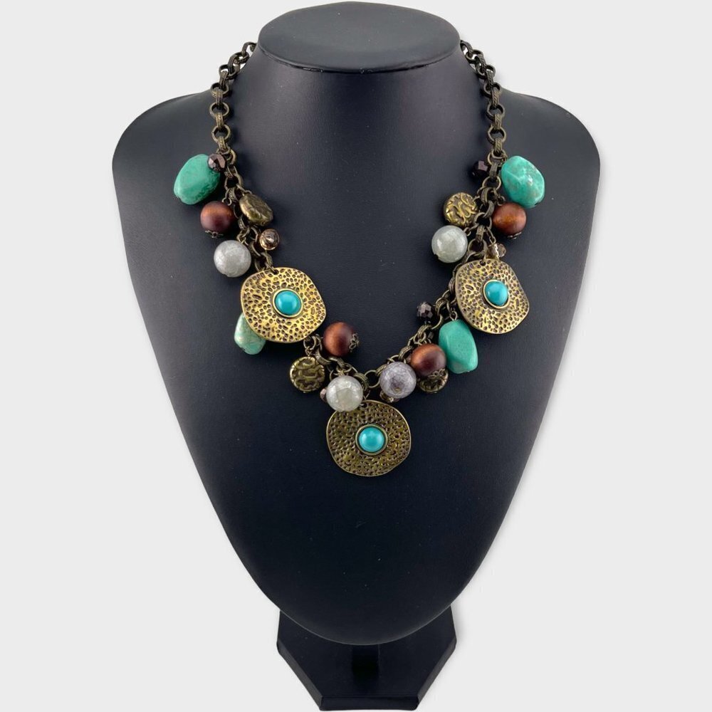 Vintage Boho Fringe Necklace Bronze Copper Faux Turquoise Charm Statement Bib 18